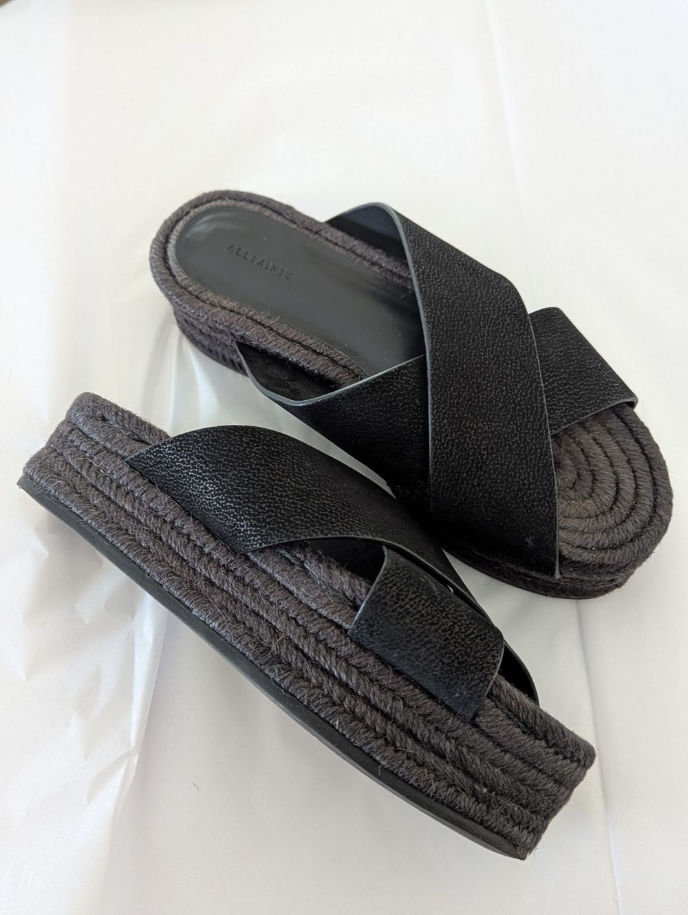 AllSaints Harlem Black Leather Platform Espadrille Sandals - Picture 13 of 13